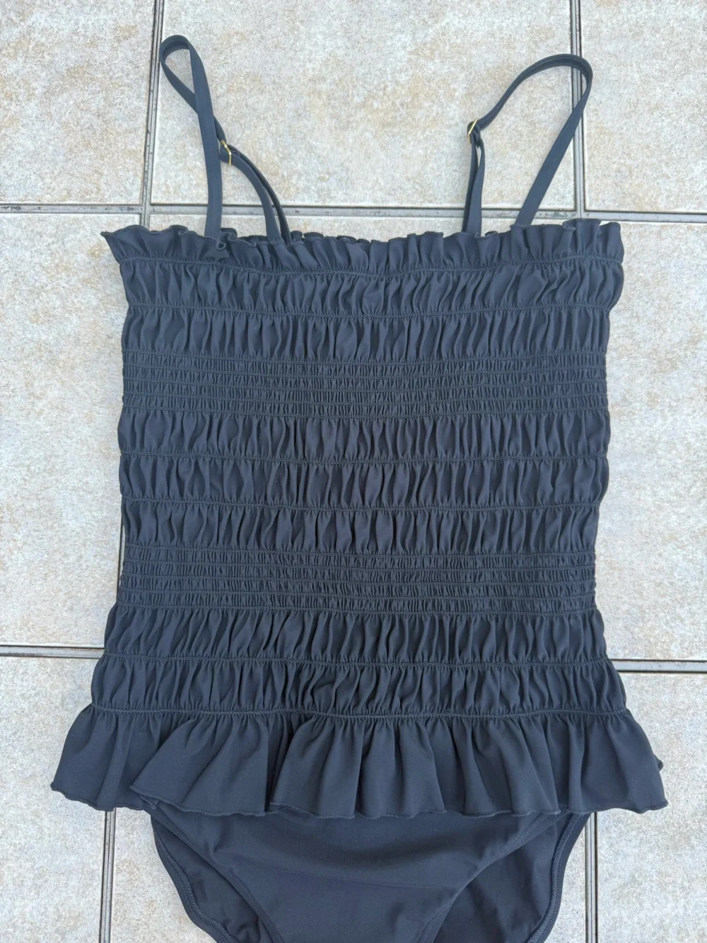 Tory Burch Women's Costa Smocked One Piece Ruffled Swimsuit, Black